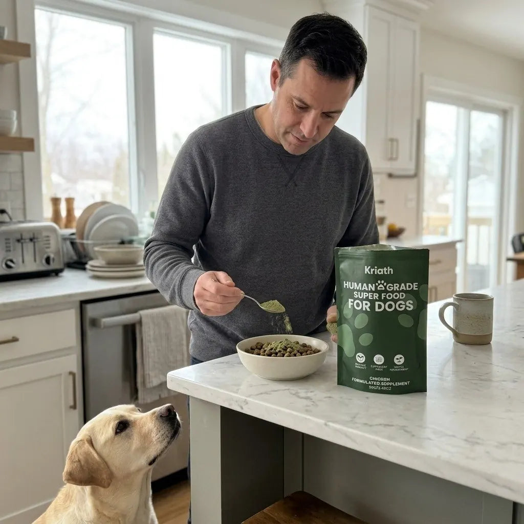 A dog waiting for breakfast while the owner adds a scoop