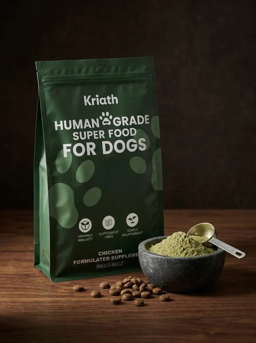 Kriath Paws pouch with a stone bowl of powder and a measuring scoop