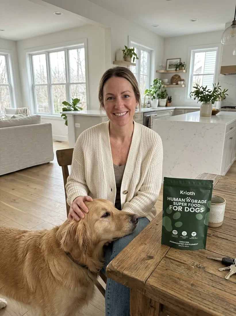 Dog owner with her Golden Retriever and the Kriath pouch