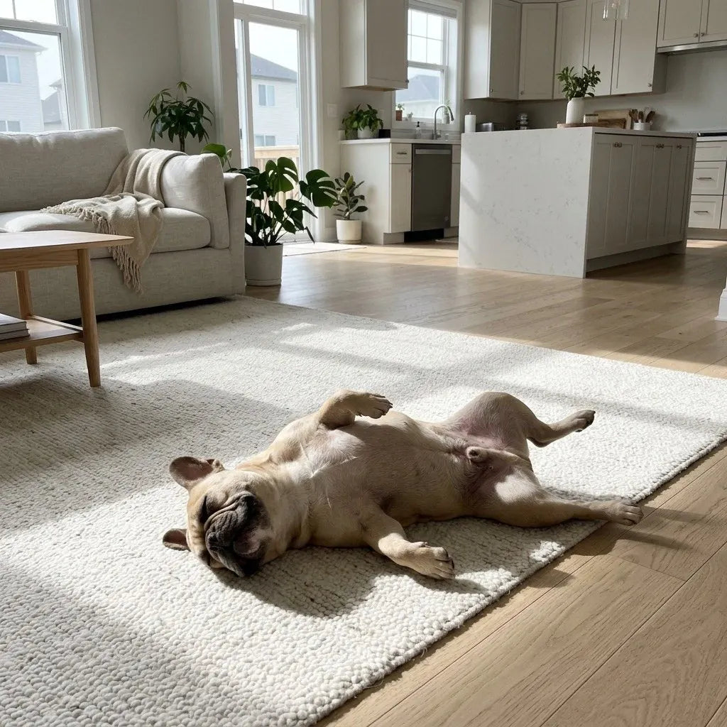 A relaxed dog resting at home